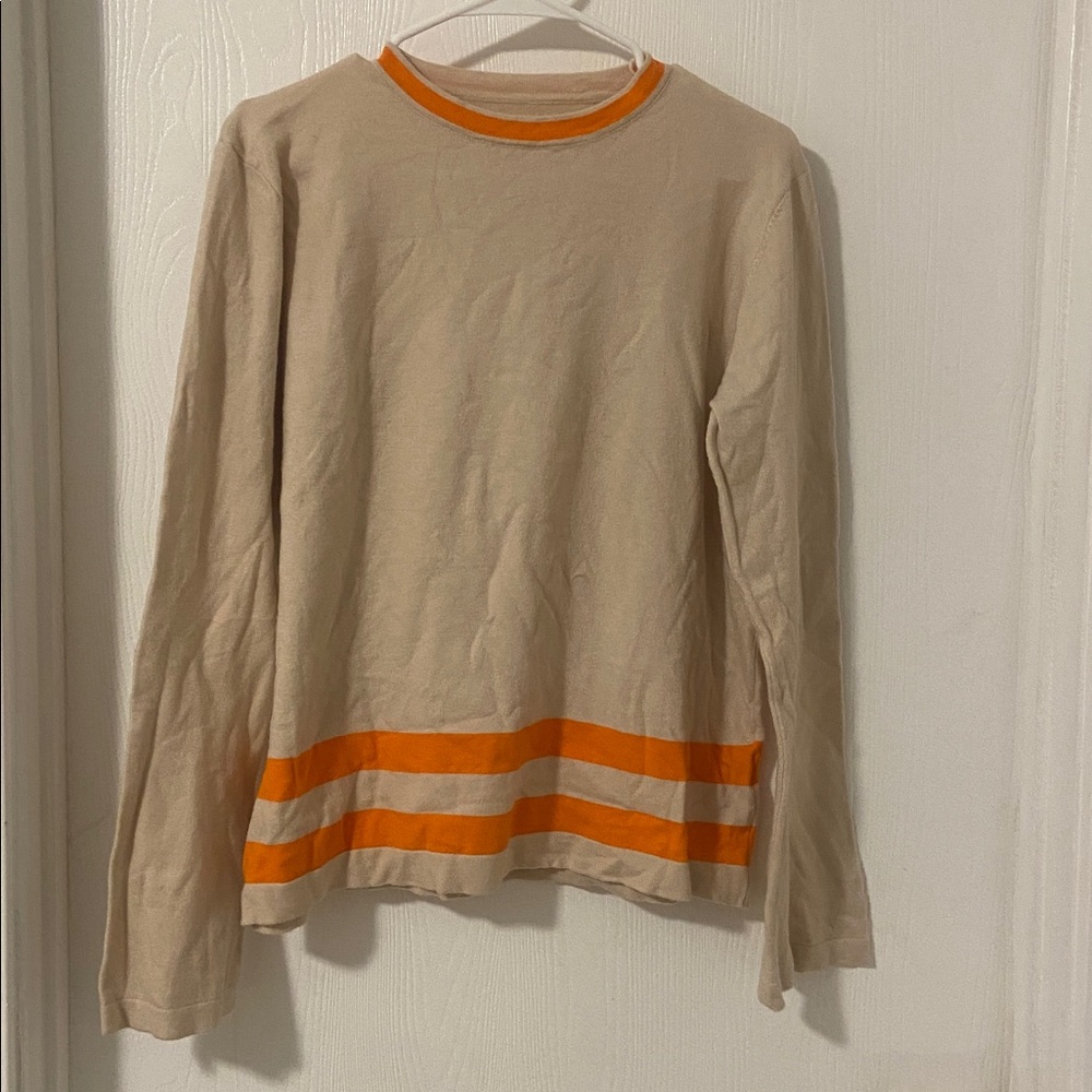 Beige Long Sleeve Top with Orange Stripes